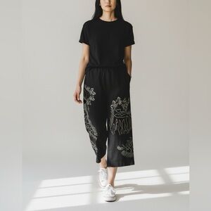 Nikki Valentine Irish Linen Black Sequin Embroidered Wide-Leg Crop Pants Size 10